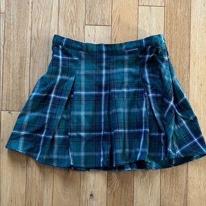 SO Green Navy Blue Plaid Mini Skater Skirt Invisible Zipper